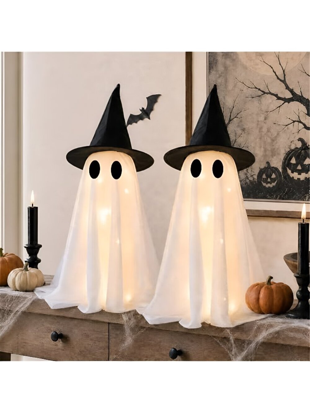 Halloween Decorations-Set of 2 Light-Up Ghosts with Witch Hats